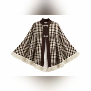 Plaid Fringe Cape Coat